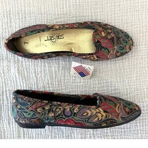 Vintage 80s 90s Ballet Flats Size 7 Canvas Fabric Paisley Jewel Gold New